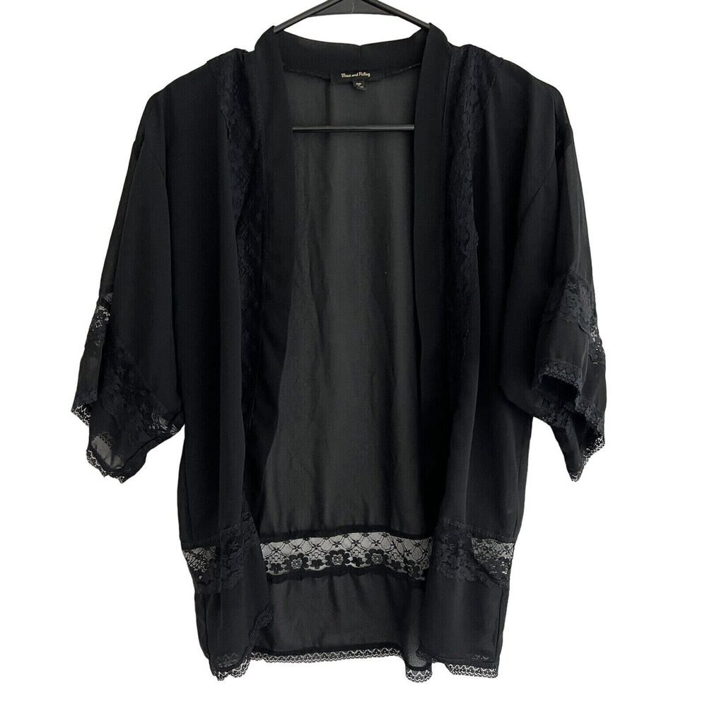 Max and Riley Shirt Womens Black Open Front Lace Detail Kimono Robe Top OS